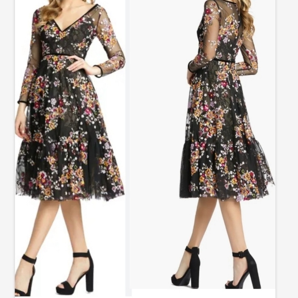 Mac Duggal Black Multi Floral Embroidered Long Sleeve Tea Length Dress - Reemoly